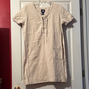 BJS Beige Lace-Up Short Sleeve Pocket Dress